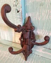 Wall Mount 3 Hook Decor Brown Cast Iron Rustic Vintage New 5 1/2 x 4 inches