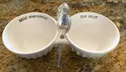 Mudpie Hot Stuff and Mild Mannered DOUBLE SALSA SERVING BOWL Spoon SET 3PC