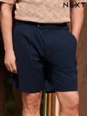Navy Blue Slim Fit Smart Seersucker Textured Shorts With Side Adjusters (E94246) | $62