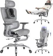 [LarkLeaves] Office Chair with Footrest, Ergonomic Chair with Neck Pillow & Rubber Wheels, Desk Chair with Adjustable Backrest & 3D Armrests Headrest, Gaming Chair Adaptive Lumbar Support, Grey