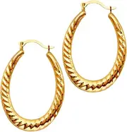 [JewelryWeb] 14k Yellow Gold Shiny Textured Oval Shape Hoop Earrings With Hinged Clasp-Hoop Earring for Women