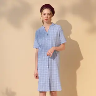 【MASTINA】修身長版開襟-女短袖洋裝 開襟 藍 米(二色/版型適中)