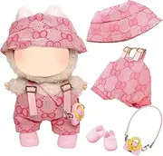 4 Pcs Doll Clothes Compatible with Labubu 17cm Dolls, Pink Doll Outfit Accessories Sets Include 1 Bib Pants 1 Pendant 1 Hats1 Shoes Girl for Best Gifts No Doll