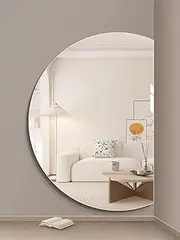 Half Right Cut Round Decorative Moon Mirror 91x130 cm Modern Artistic Design 5mm Aluminium Mirror Frameless Minimalist Décor for Living Room Bedroom Hallway