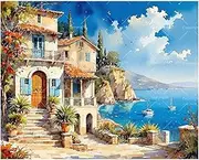 Seaside Landscape Paint by Numbers Kit for Adults - DIY Coastal Villa and Sailboats Painting on Canvas 16x20 Inches,Acrylic Paint Set,Suitable for Beginners,Nautical Art for Decoration/Gifts