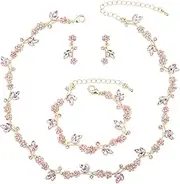 [Hangwo] Brides Bridesmaid Flower Leaf Choker Necklace Dangle Earrings Link Bracelet Austrian Crystal Wedding Jewelry Set for Prom Costume Party Accessories for Woman (Light Rose-Gold Plated), Large, Metal