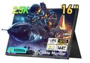 2.5K 144Hz Portable Gaming Monitor 16", 2560x1600, Plug & Play, 100% sRGB, 500ni