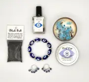 Evil Eye Set Cedar Vanilla Candle Oil Glass Bracelet Earrings Black Salt