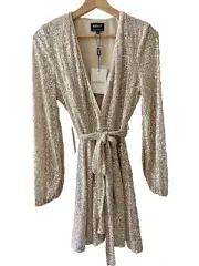 BARDOT Women's Beige Belted Shinny Balloon Sleeve Mini Party Fit + Flare Dress 4