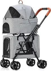 Double Decker Pet Trolley, Multifunctional 3-in-1 Cat Buggy, Foldable Dog Buggy for Small Dogs, Click Fold, Front, Pet Trolley for 2 Dogs (Colour : Grey, Size : B)