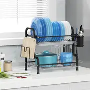 Danoz Direct - Dish Rack 2 Tier Dish Dryer Drainer Stainless Steel Dish Drying Rack Drip Trays Side Holder Kitchen Storage Save Space