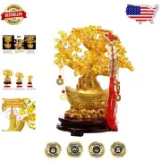 Golden Ingot Feng Shui Crystal Tree - Rotating Sandalwood Base for Wealth & Luck