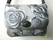 ANUSCHKA ROMANTIC ROSE BLACK HAND PAINTED LEATHER CROSSBODY SADDLE BAG - NWT