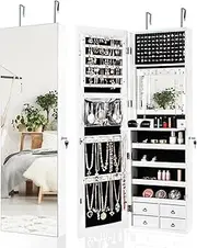 Giantex LED Full-length Mirror Jewelry Cabinet, Multipurpose Storage Cabinet w/ 4 Drawers, Wall/Door Mounted Jewelry Armoire Organizer for Bedroom Closet (White)