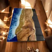 Rectangle Epoxy Dining Table Top Ocean Wave Acacia Wood Luxury Furniture Decors