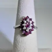 Vintage Cocktail Cluster Ring Ruby & CZ Sterling Silver Sz6 Designer F Trademark