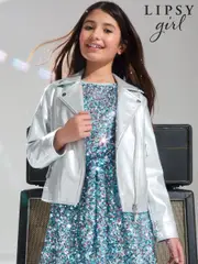 Lipsy Silver Metallic Faux Leather Biker Jacket (5-16yrs) (AD7626) | $129 - $148