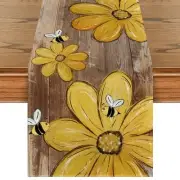 Wood Floral Bee Flower Summer Table Runner, Seasonal Kitchen Dining Table