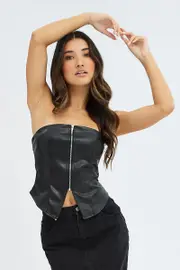 Black PU Corset Sleeveless Strapless Butterfly Top - Size 14, Women's Top