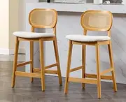 [EALSON] Counter Height Bar Stools Set of 2 Rattan Back Farmhouse Barstools Mid Century Modern Wood Bar Chairs Comfortable Sherpa Upholstered Kitchen Island Chairs for Pub/Breakfast Bar, Beige