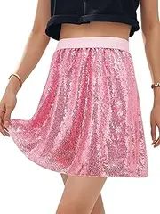 [BALAYSIER] Sequin Skirt Women's Elastic Waistband Glitter Skirt with Lined Halloween Stage Dress, Pink, S