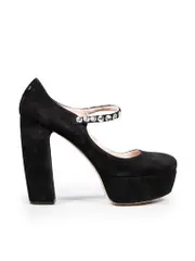 Black Suede Embellished Mary Jane Pumps