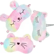 Plush Sleeping Eye Cover 3 Pieces Bunny Eye Blindfold Cat Sleep Eye Cover Unicorn Sleeping Eye Shade Soft Funny for Kids Girls and Adult Travel (Rainbow Color)