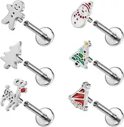 [ZS] 6Pcs Christmas Tree Lip Stud, 16G Stainless Steel Labret Lip Piercing Flat Back Elk Lip Jewelry Santa Claus Apples Snowflake Snowman Nose Stud Holiday Earrings for Women Men