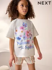 Ecru/Pink Floral Graphic T-Shirt and Bloomer Shorts Set (3-16yrs) (AK4725) | $24 - $31