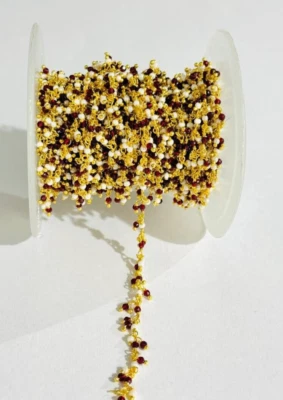 2mm Garnet hydro & pearl beads dangle cluster chain, handmade beaded chain by ft