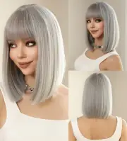 Women Cosplay Party Wigs With Fringe Gray Straight Natural Heat Resistant Hair