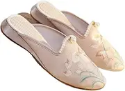 [GHAKKE] Women's Satin Flower Embroidered Mule Shoes Fashion Handmade Beaded Closed-Toe Slippers Chinese Traditional Ancient Style Hanfu Cheongsam Flats Sandals