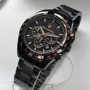 MASERATI手錶, 男錶 46mm 黑圓形精鋼錶殼 黑色三眼, 中三針顯示錶面款 R8873612048