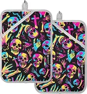 Large Pot Holder Heat Resistant Colorful Skulls Skeletons Bright Black Potholders with Pocket Hot Pan Holders Oven Mitts 2 Pack