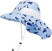 [iNszkoos] Kid Dinosaur Large Brim Sun Hat with Neck Flap 3-10 Years Boys UV Protection Summer Hats with Chin Strap Beach Bucket Hat
