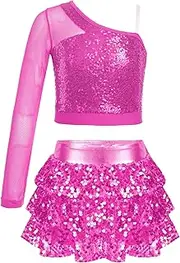 [inhzoy] Kids Girls Jazz Dance Costume Shiny Sequin Crop Top with Metallic Skirt Ballet Hip Hop Latin Dance Dress
