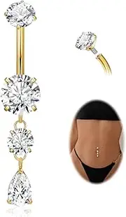 LOAYHOAY G23 Pure Titanium Dangle Belly Button Rings for Women Internally Thread Curved Barbell Belly Rings Dangling Navel Rings CZ Teardrop Navel Piercing Jewelry 6-16mm
