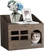 BingoPaw Wooden Cat House Bed Enclosed Pet Hidden Furniture Pet Kitten Shelter Room with Cushion for Indoor Cats