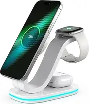 Pink,3 in 1 Wireless Charging Station for Apple/Huawei/Samsung Devices, 15W Fast Wireless Charger with Blue RGB Light, for iPhone 16/15/14/13/12, Apple Watch & Airpods Etc.