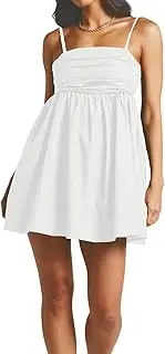 [MASKAZU] Women's Cute Straps Ruched Mini Back Bow Babydoll Dress with Pocket