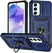 [T Tersely] for Samsung Galaxy A55 5G Case - Shockproof Cases - Anti-Fall Drop Protection - Built-in Slide Anti-Scratch Camera Lens Cover - Integrated 360 Degree Rotating Ring Kickstand (Blue)