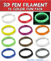 3D Print Filament Pen Refills Pack ABS 1.75mm 12 Colors 20ft Makerbot RepRap E2