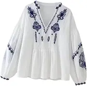 [APLVFFZH] Women Embroidery Blouse Loose Embroidered Top for Beach Vacation Spring Summer, L