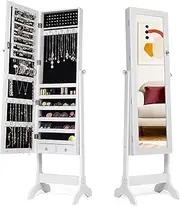Giantex Jewelry Cabinet, Freestanding Jewelry Cabinet with Full-Length Mirror, Lockable Jewelry Organizer with 2 Drawers, Bracelet Rod (White)