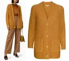 VINCE Fluffy Alpaca-Wool-Blend Ribbed Cardigan w/Pockets in Gold Ochre sz M $525