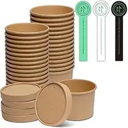 [25 Sets - 12 oz] Kraft Paper Food Soup Containers With Vented Lids, Microwavable Disposable Food Soup Bowls, To Go Hot Soup Bowls, Great for Restaurants - Extra 30 Hand Made Self-adhesive Labels