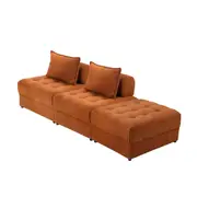 Oikiture 3 Seater Velvet Modular Sofa & Ottoman Set Armless TOFU Back Brown