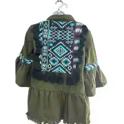 Anthropologie Beautiful Stories Green Aztec Olive Inka Embroidered UtilityJacket