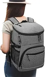 Cooler Backpack, Ice Chest Cooler Bag, 30 Can Capacity with Leakproof Insulated Lining, Adjustable Straps and Side Pockets, Perfect for Camping Hiking Travel Picnic Beach BBQ, 15.2inches Gray