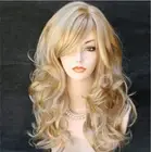 Long Curly Side Part Bangs Wigs Blonde with Highlights Wig for Women Syntheti...